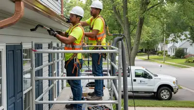 Spokane, WA gutter repair crew fixing leaking and sagging gutters on a home exterior