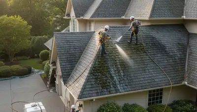 Roof cleaning in Spokane, WA by FX Remodeling & Exteriors removes moss and debris from a home roof