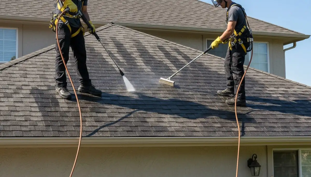 Roof cleaning in Spokane, WA by FX Remodeling & Exteriors removes moss, algae, and debris from a roof